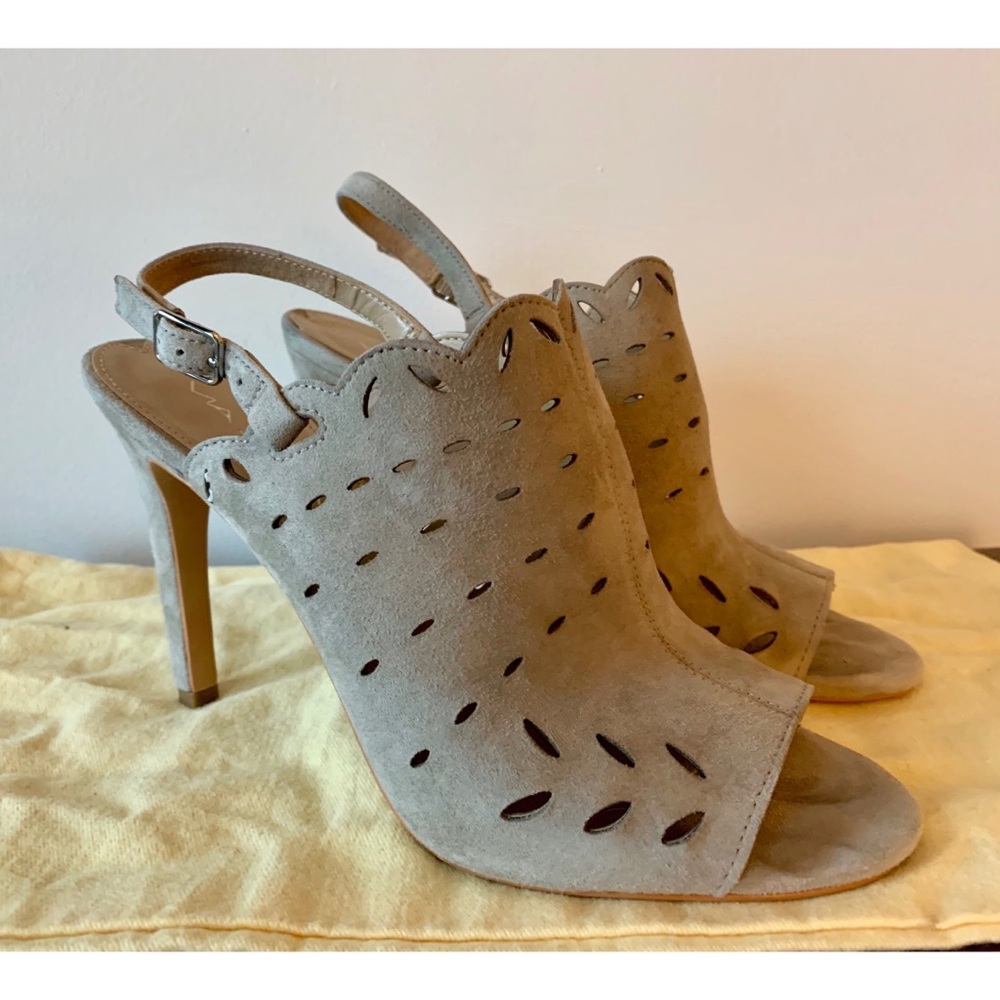 Via Spiga taupe suede open toe heels